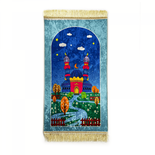 Baby Blue Velvet Mosque Kids Prayer Mat