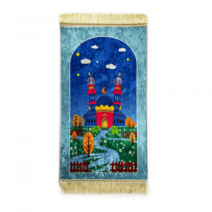 Baby Blue Velvet Mosque Kids Prayer Mat