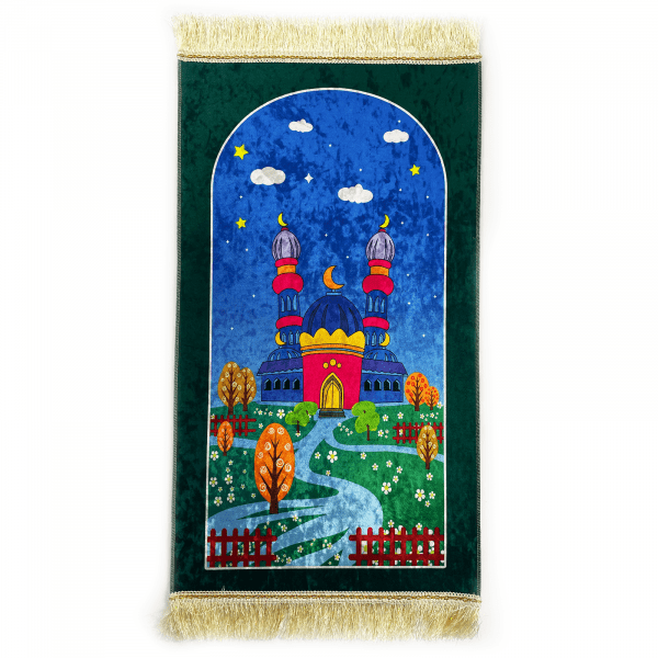 Kids Emerald Green Velvet Mosque Prayer Mat