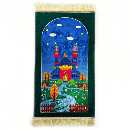 Kids Emerald Green Velvet Mosque Prayer Mat