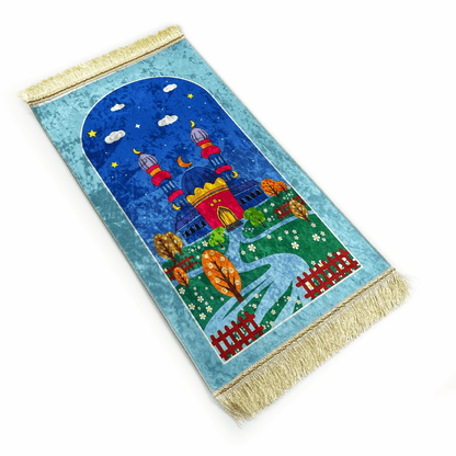 Baby Blue Velvet Mosque Kids Prayer Mat