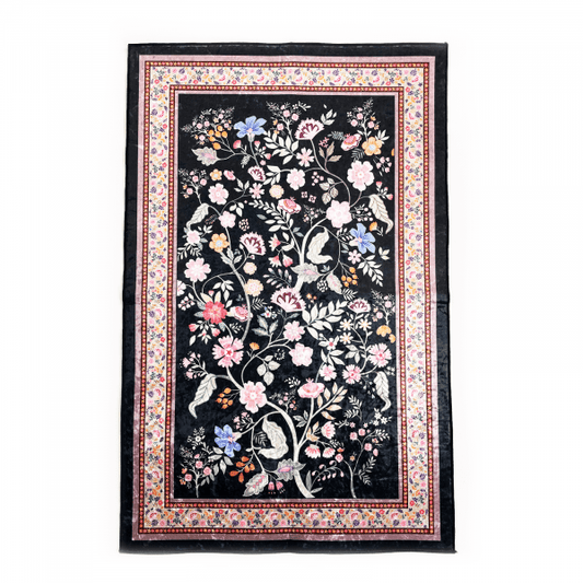 Black Crushed Velvet Prayer Mat - Flowery Design - Anti Slip - 110cm x 70cm
