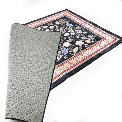 Black Crushed Velvet Prayer Mat - Flowery Design - Anti Slip - 110cm x 70cm